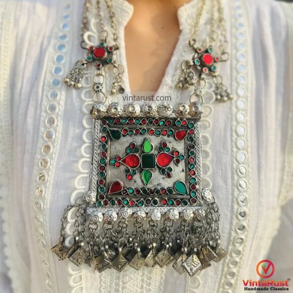Ethnic Afghan Tribal Necklace, Handcrafted Afghan Necklace with Red and Green - Picture 5 of 11